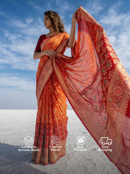 Arya - Red & Orange Meenakari Bandhani Saree