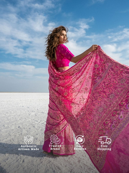 Tanuja - Pink & Peach Tilfi Meenakari Bandhani Saree