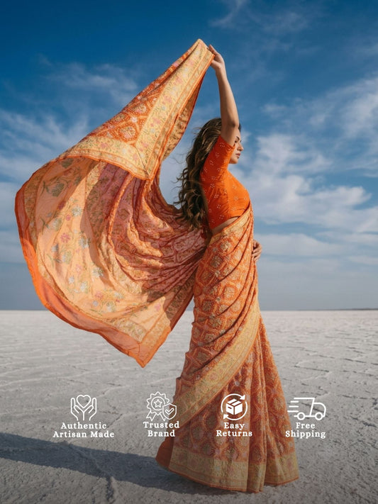 Mitali - Burnt Orange Tilfi Meenakari Bandhani Saree