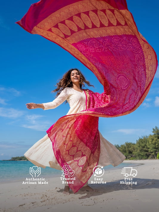 Mukta - Pink Bandhani Banarasi Dupatta