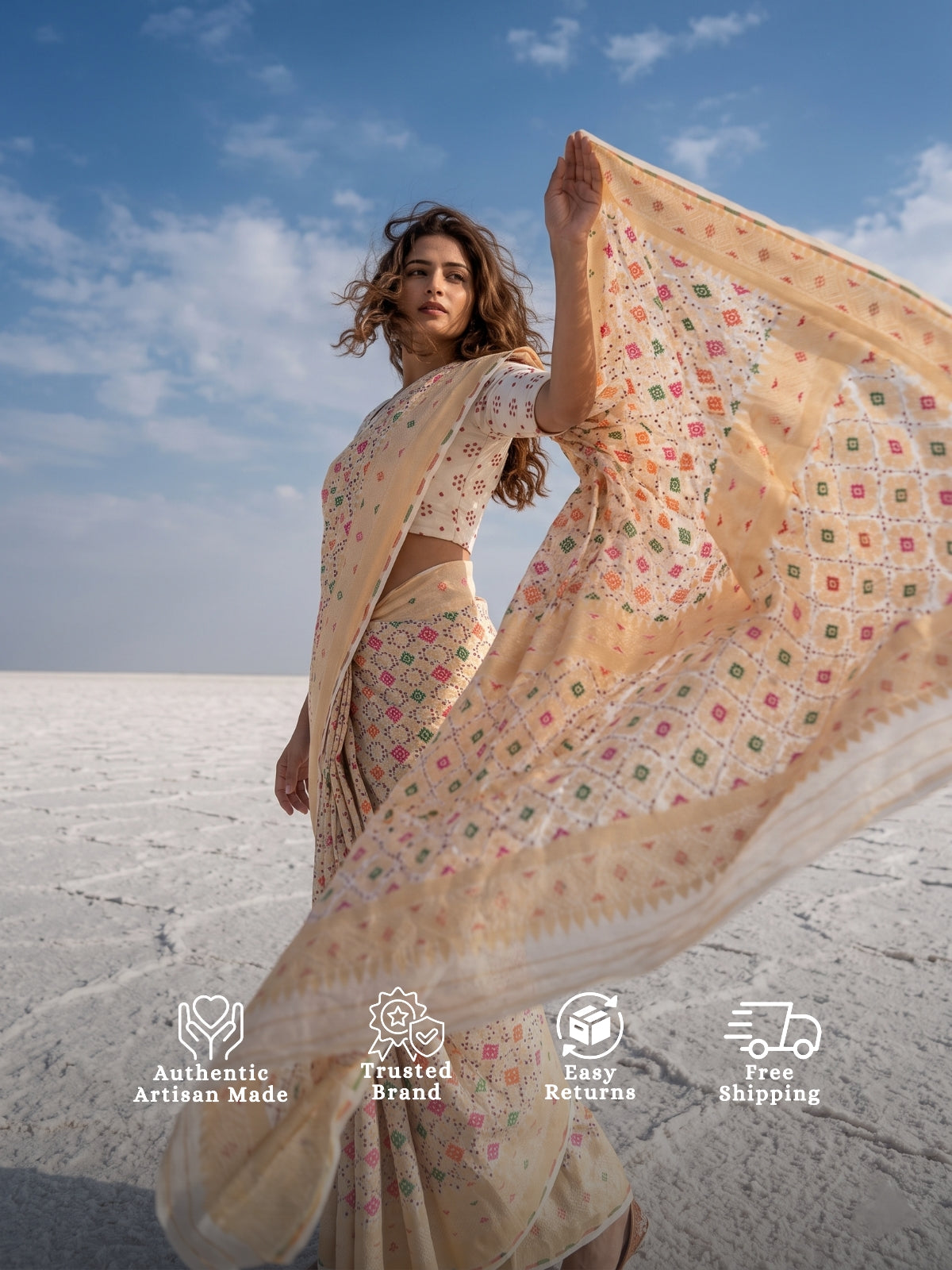 Vaani - Ivory Meenakari Bandhani Saree