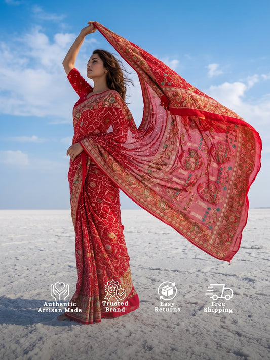 Avantika - Red Tilfi Meenakari Bandhani Saree