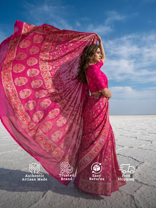 Manushree - Pink Tilfi Meenakari Bandhani Saree