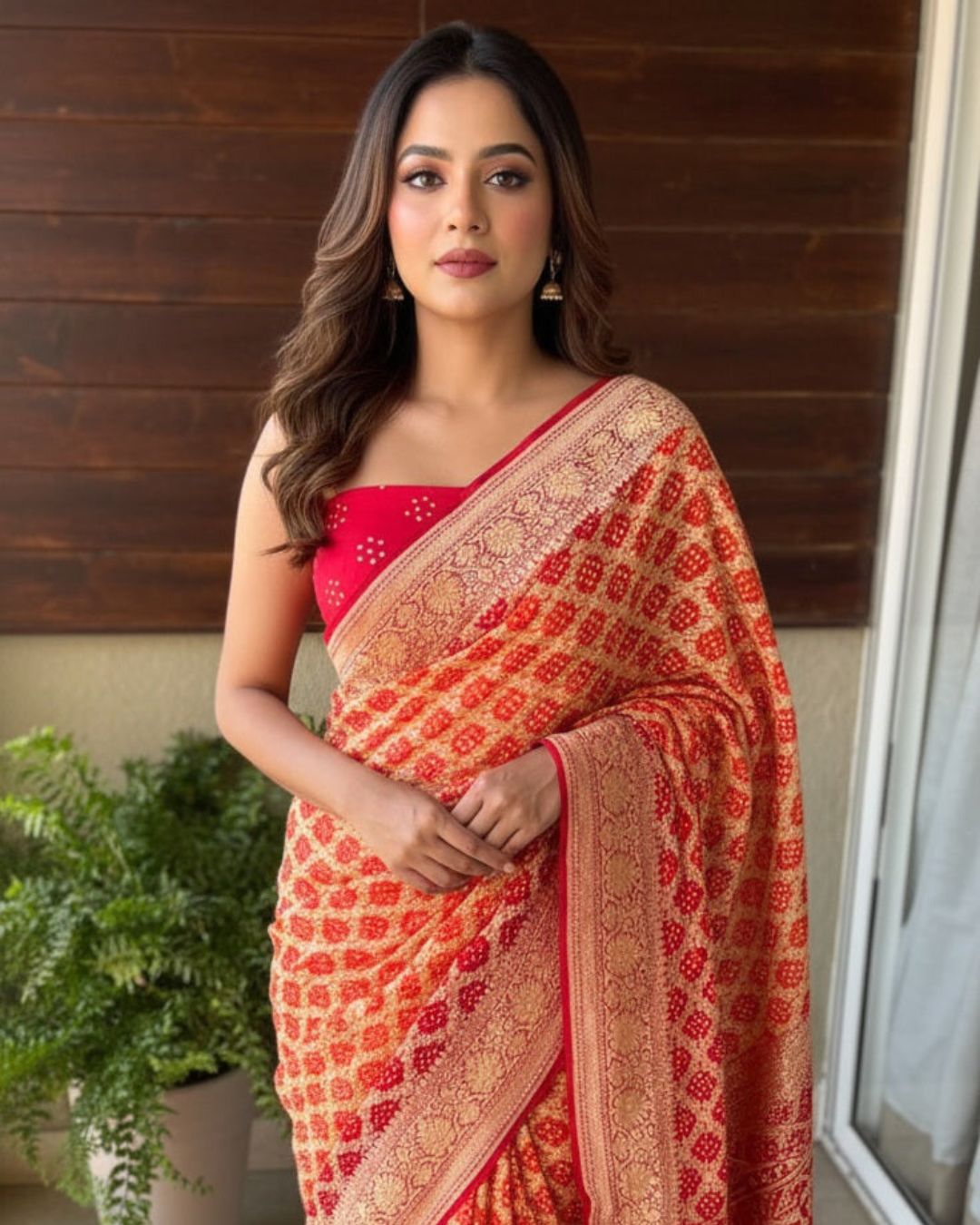 Shrishti - Red & Orange Bandhani Banarasi Saree