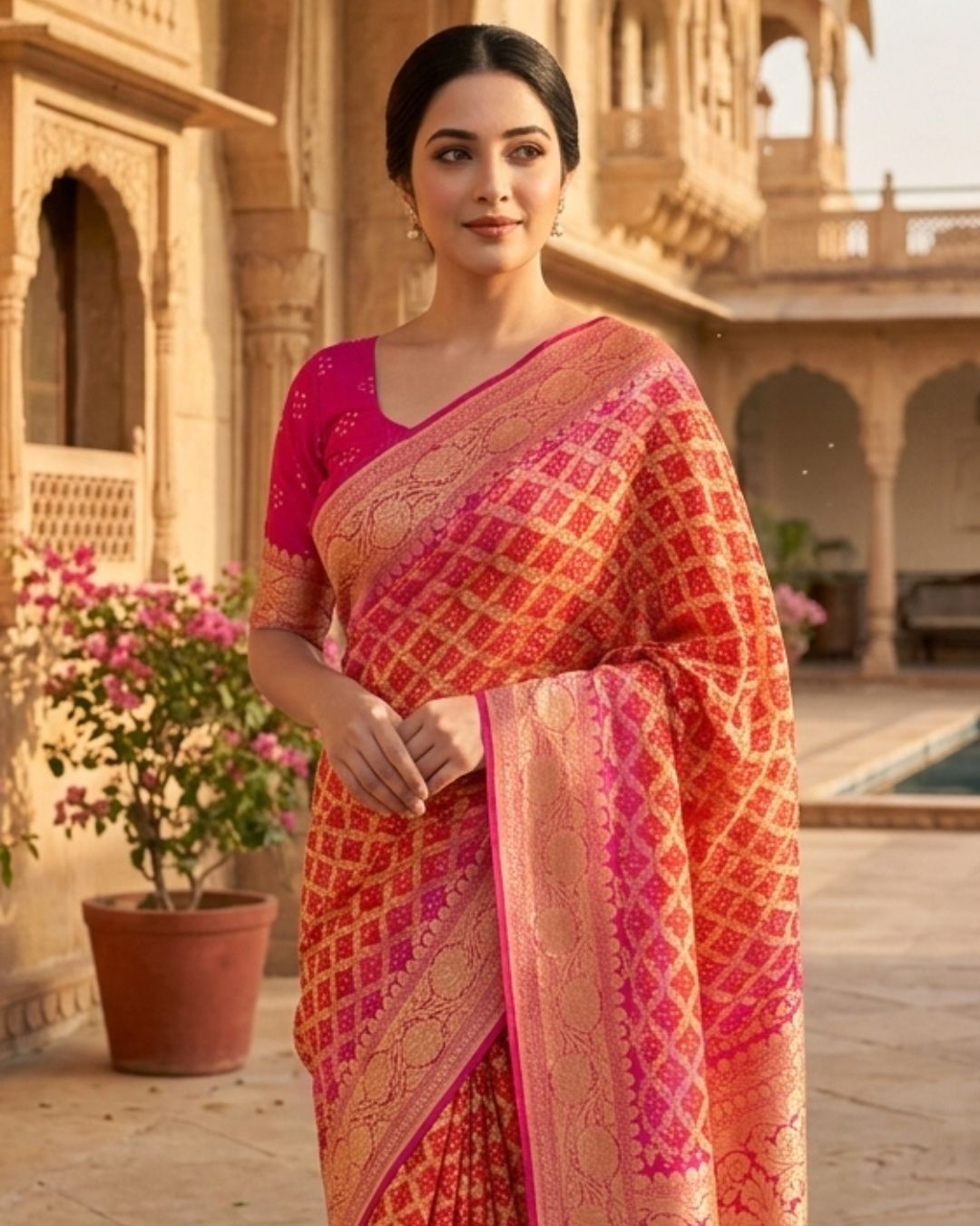 Nandita - Pink & Orange Bandhani Banarasi Saree
