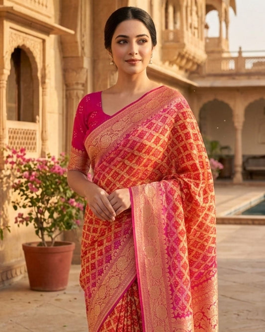 Nandita - Pink & Orange Bandhani Banarasi Saree