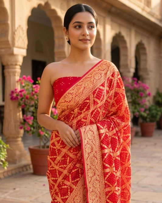 Adah - Red Bridal Bandhani Banarasi Saree