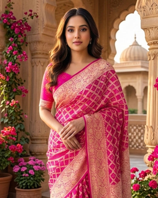 Vrinda - Pink Wedding Bandhani Banarasi Saree