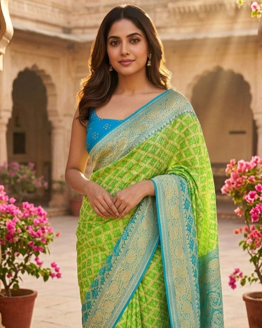 Alisha - Blue & Green Bandhani Banarasi Saree