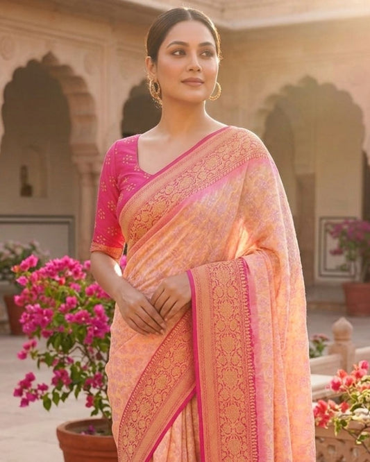 Divya - Pink & Peach Bandhani Banarasi Saree
