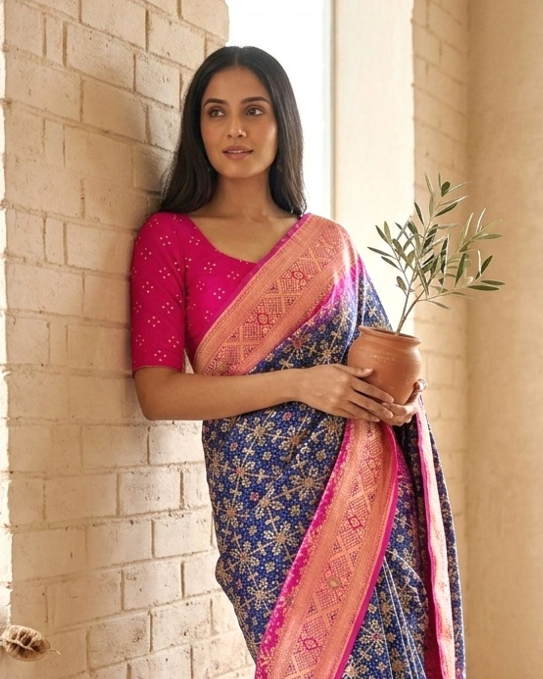Aashita - Pink & Blue Meenakari Bandhani Saree