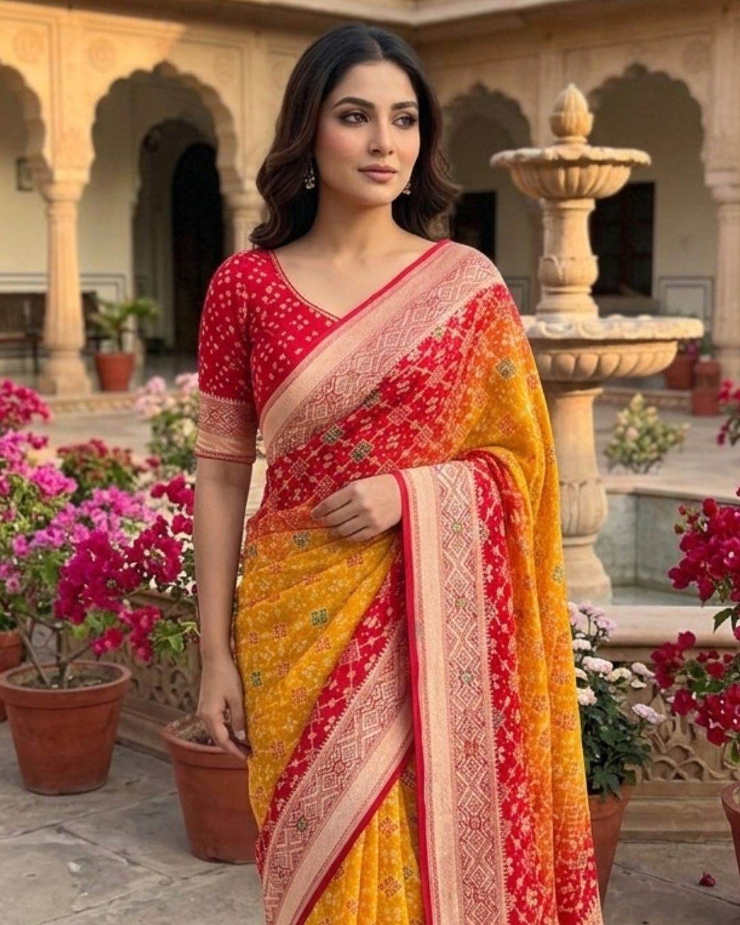 Amaya - Red & Yellow Meenakari Bandhani Saree