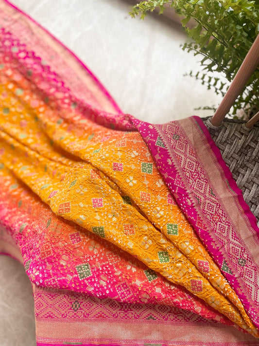 Avni - Pink & Yellow Meenakari Bandhani Saree