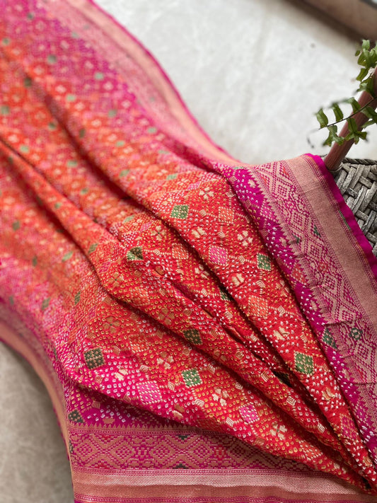 Avika - Pink & Orange Meenakari Bandhani Saree