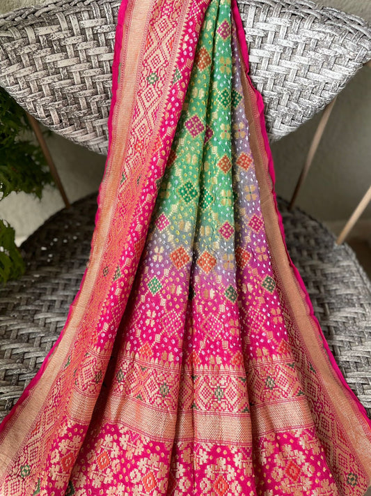 Kavya - Rose Pink & Green Meenakari Bandhani Dupatta
