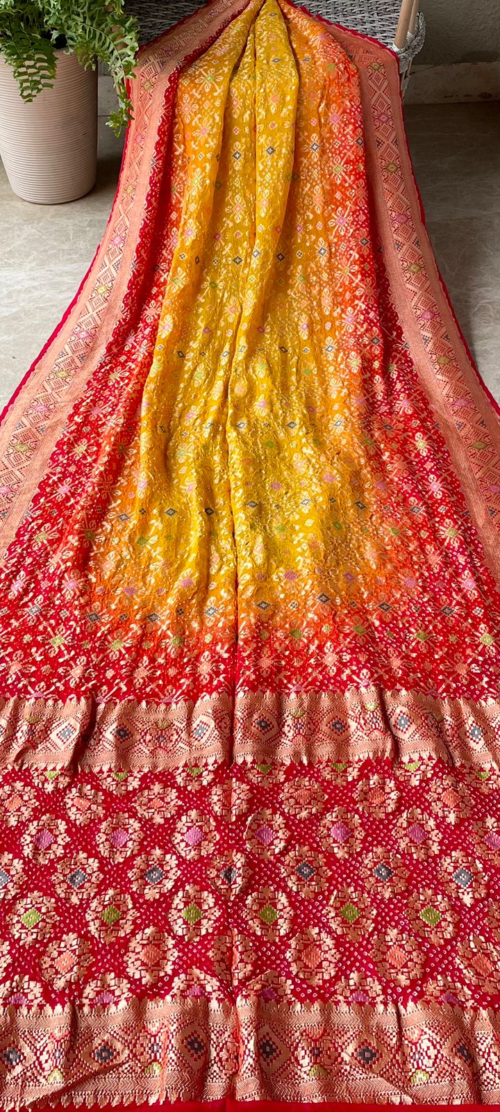 Tanvi - Red & Yellow Meenakari Bandhani Saree