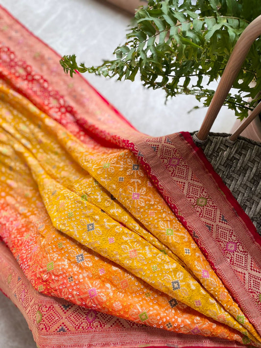 Tanvi - Red & Yellow Meenakari Bandhani Saree
