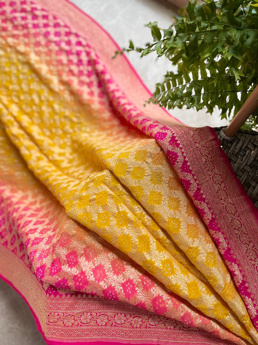 Akshara - Rose Pink & Yellow Bandhani Banarasi Saree