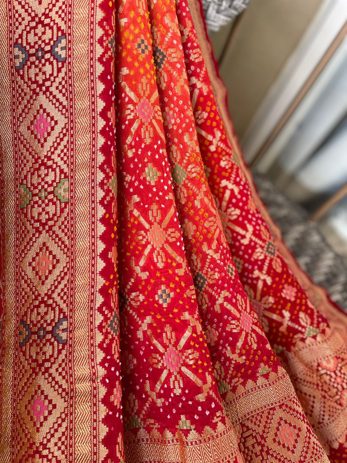 Juhi - Red & Orange Meenakari Bandhani Dupatta