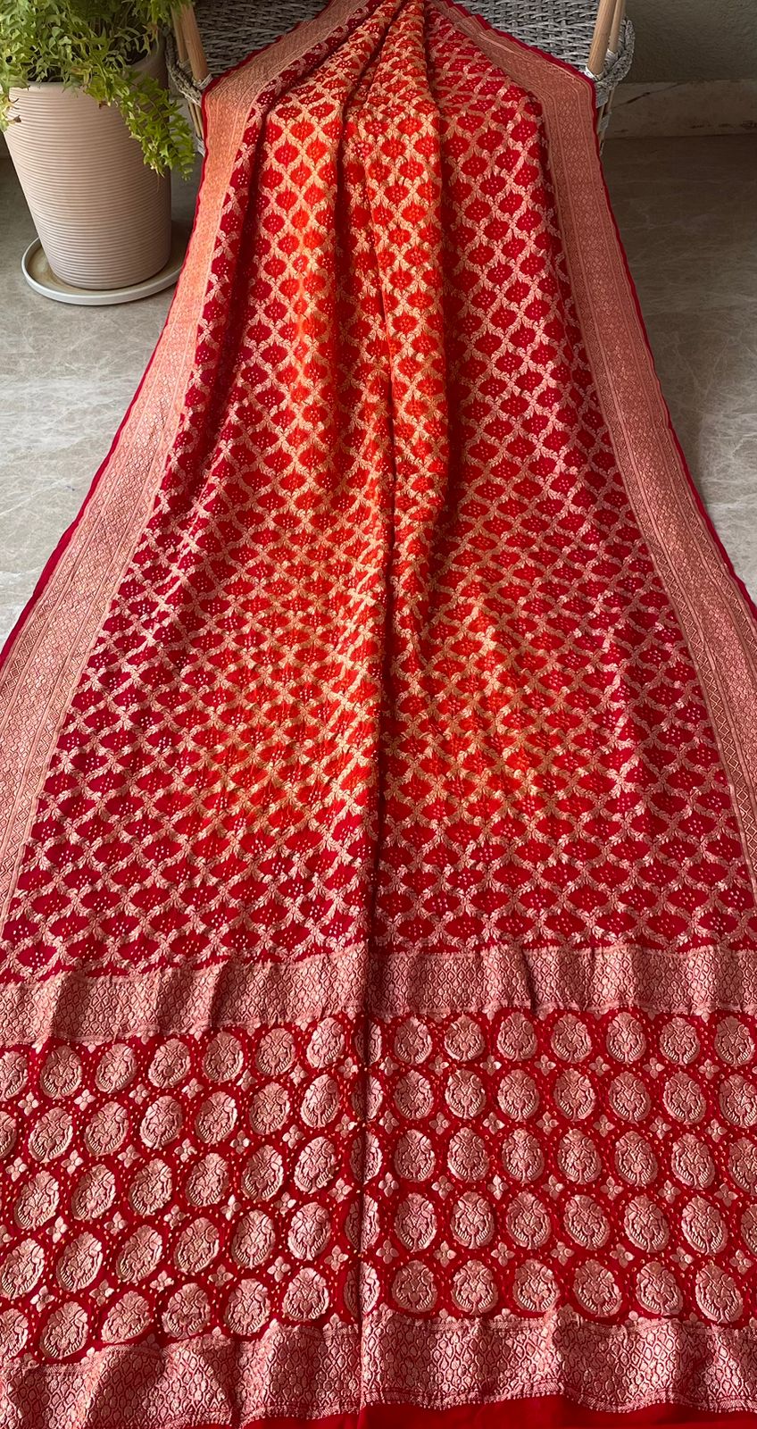 Gauhar - Red & Orange Bandhani Banarasi Saree
