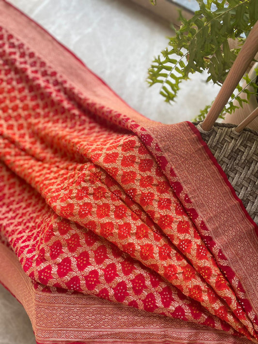 Gauhar - Red & Orange Bandhani Banarasi Saree
