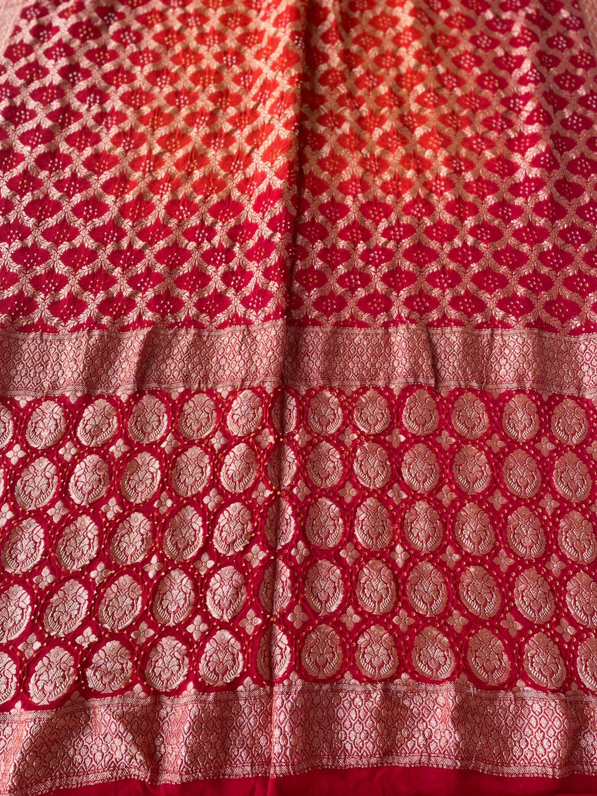 Gauhar - Red & Orange Bandhani Banarasi Saree