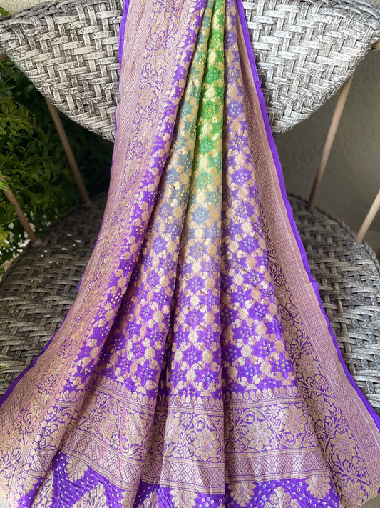 Prerna - Lavender & Green Bandhani Banarasi Dupatta