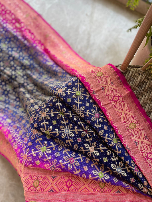 Pink & Blue Meenakari Bandhani Saree Online
