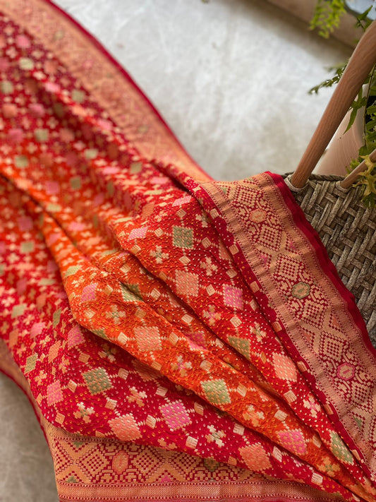 Khyati - Red & Orange Meenakari Bandhani Saree