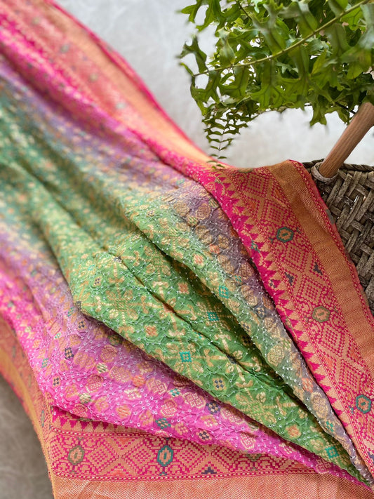 Nirjara - Rose Pink & Green Meenakari Bandhani Saree