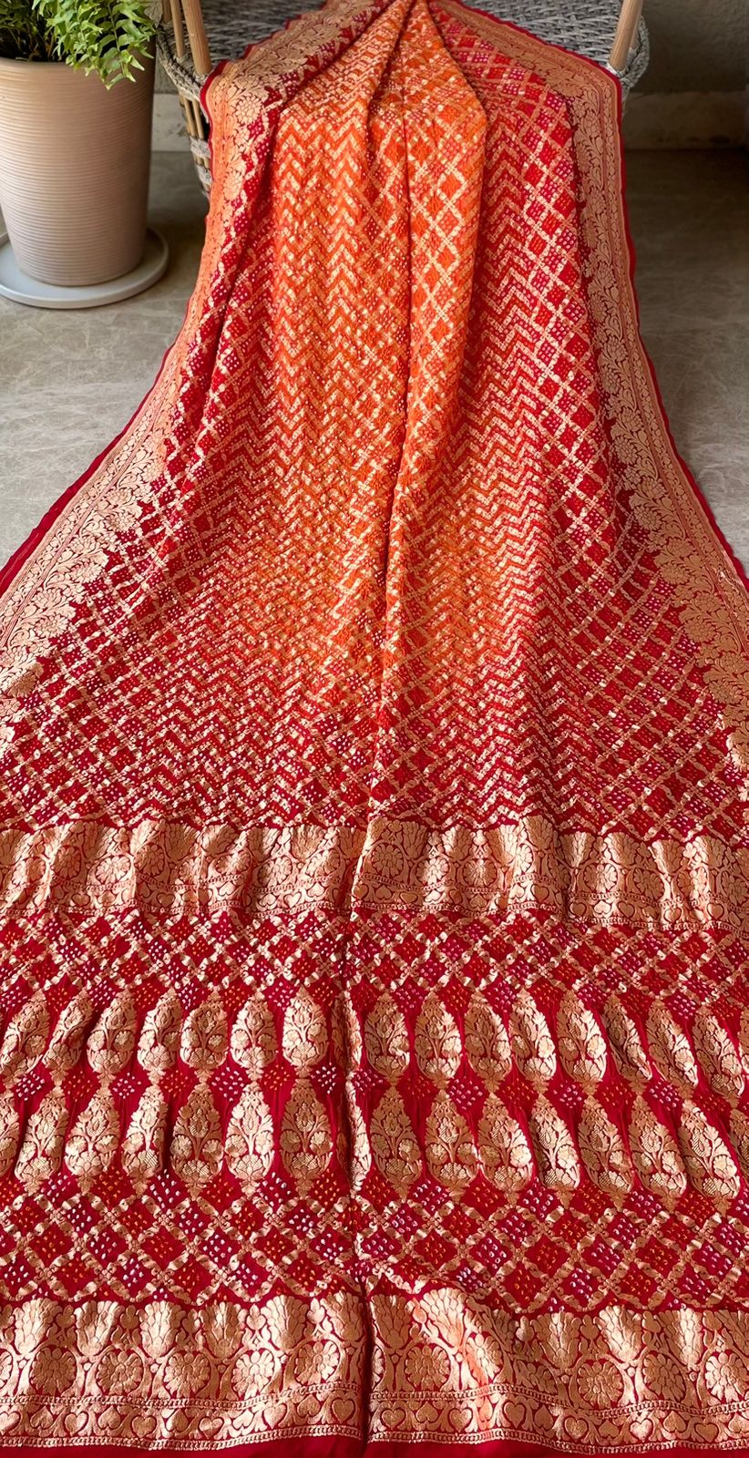 Manika - Red & Orange Bandhani Banarasi Saree