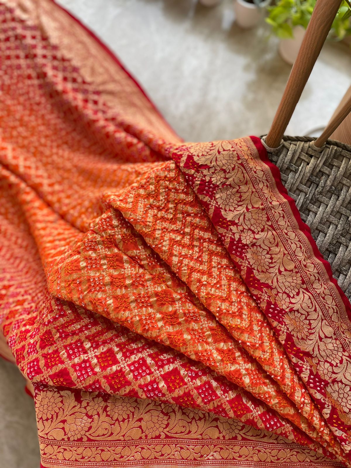 Manika - Red & Orange Bandhani Banarasi Saree