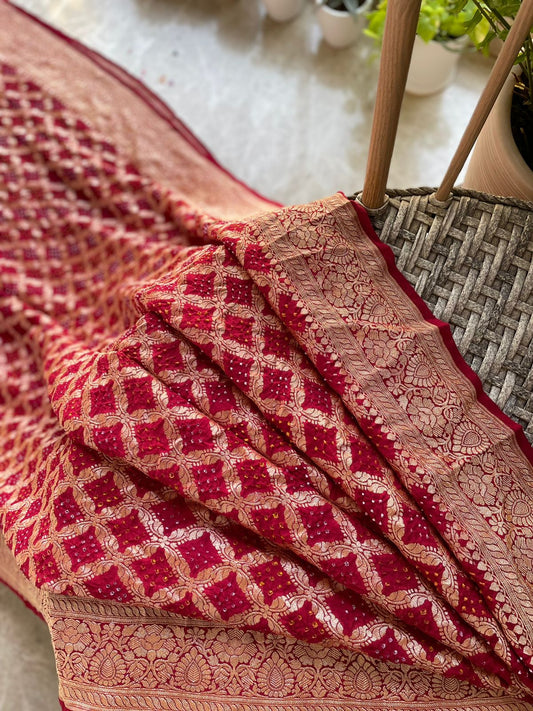 Kashika - Maroon Bandhani Banarasi Saree