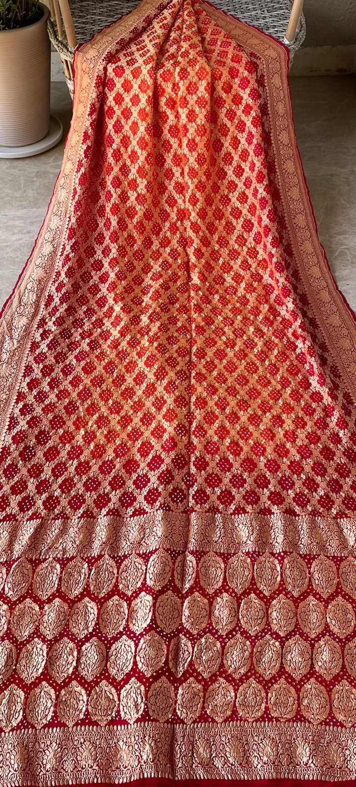 Shrishti - Red & Orange Bandhani Banarasi Saree