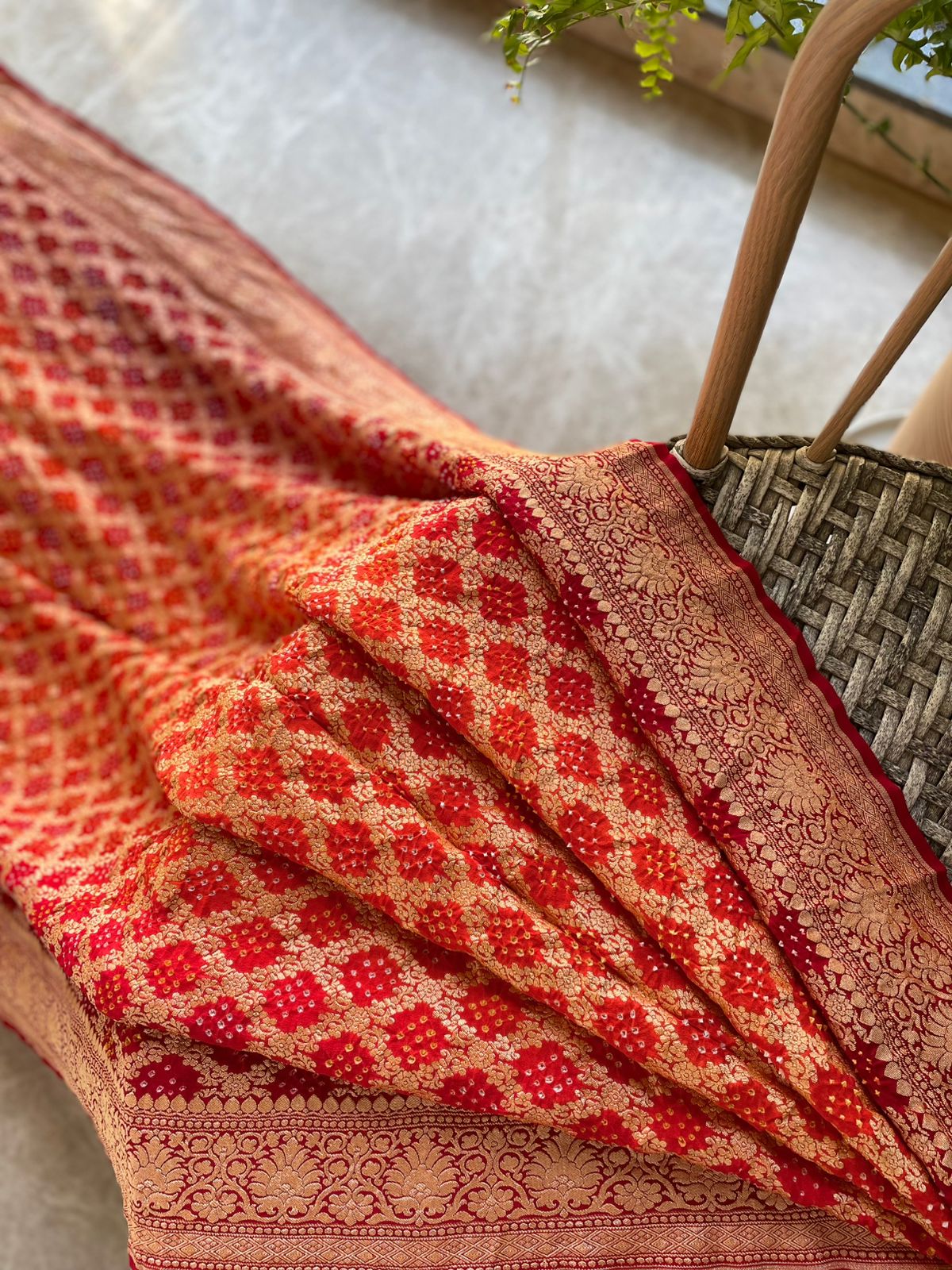 Shrishti - Red & Orange Bandhani Banarasi Saree