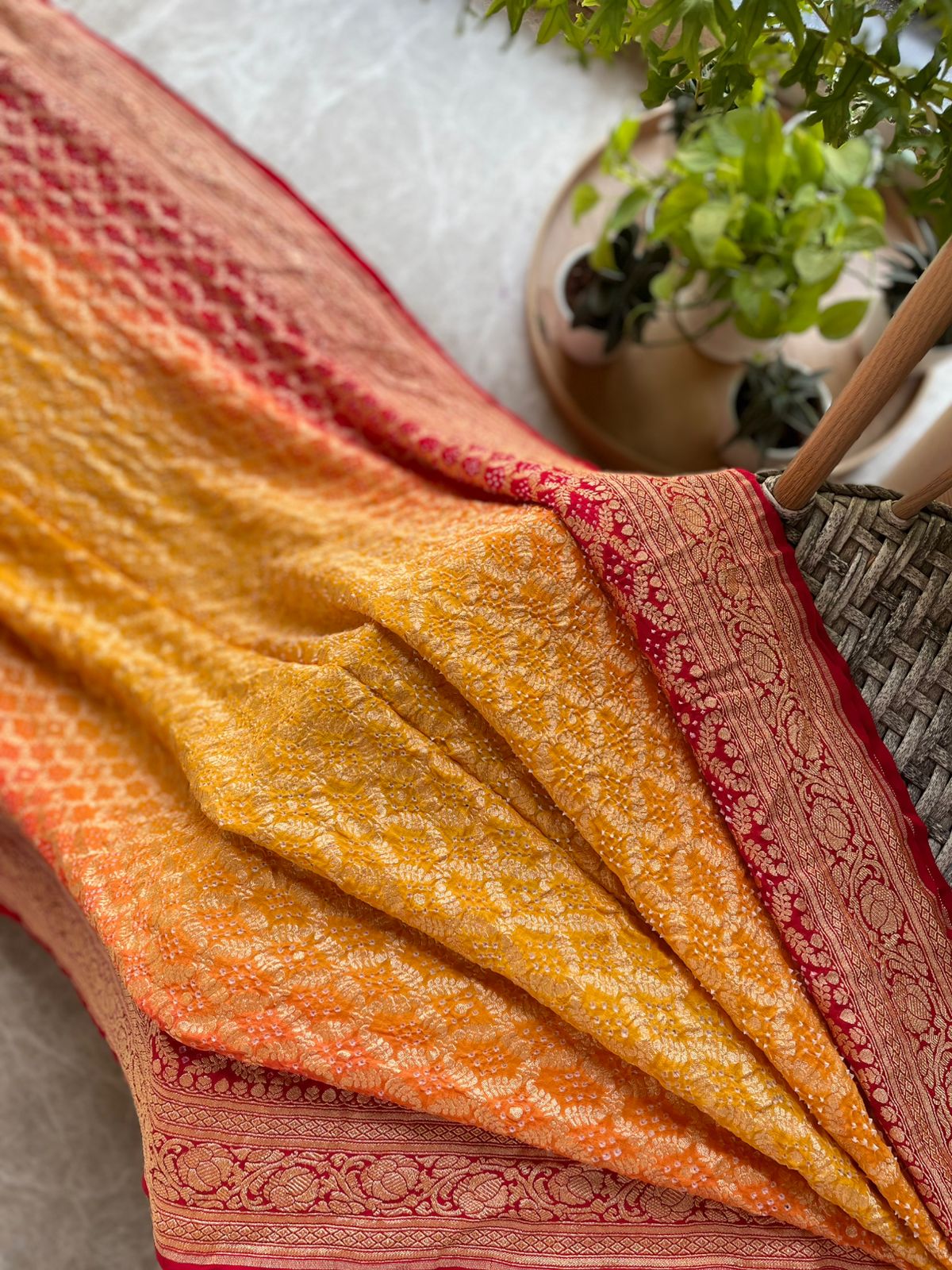 Ati - Red & Yellow Bandhani Banarasi Saree