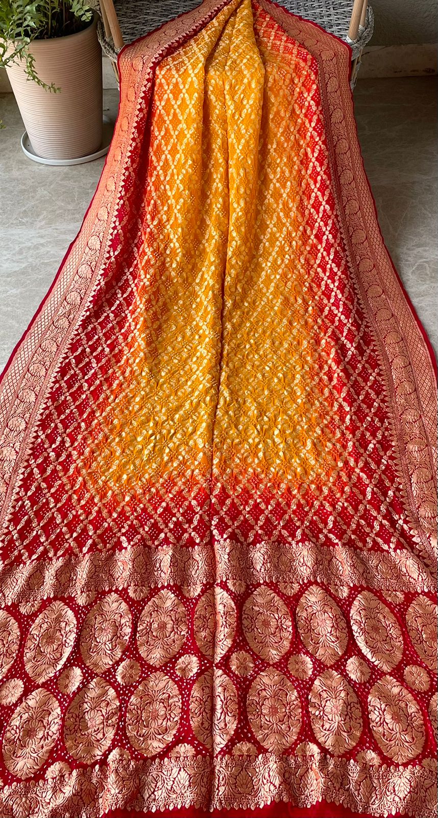 Manasvi - Red & Yellow Bandhani Banarasi Saree