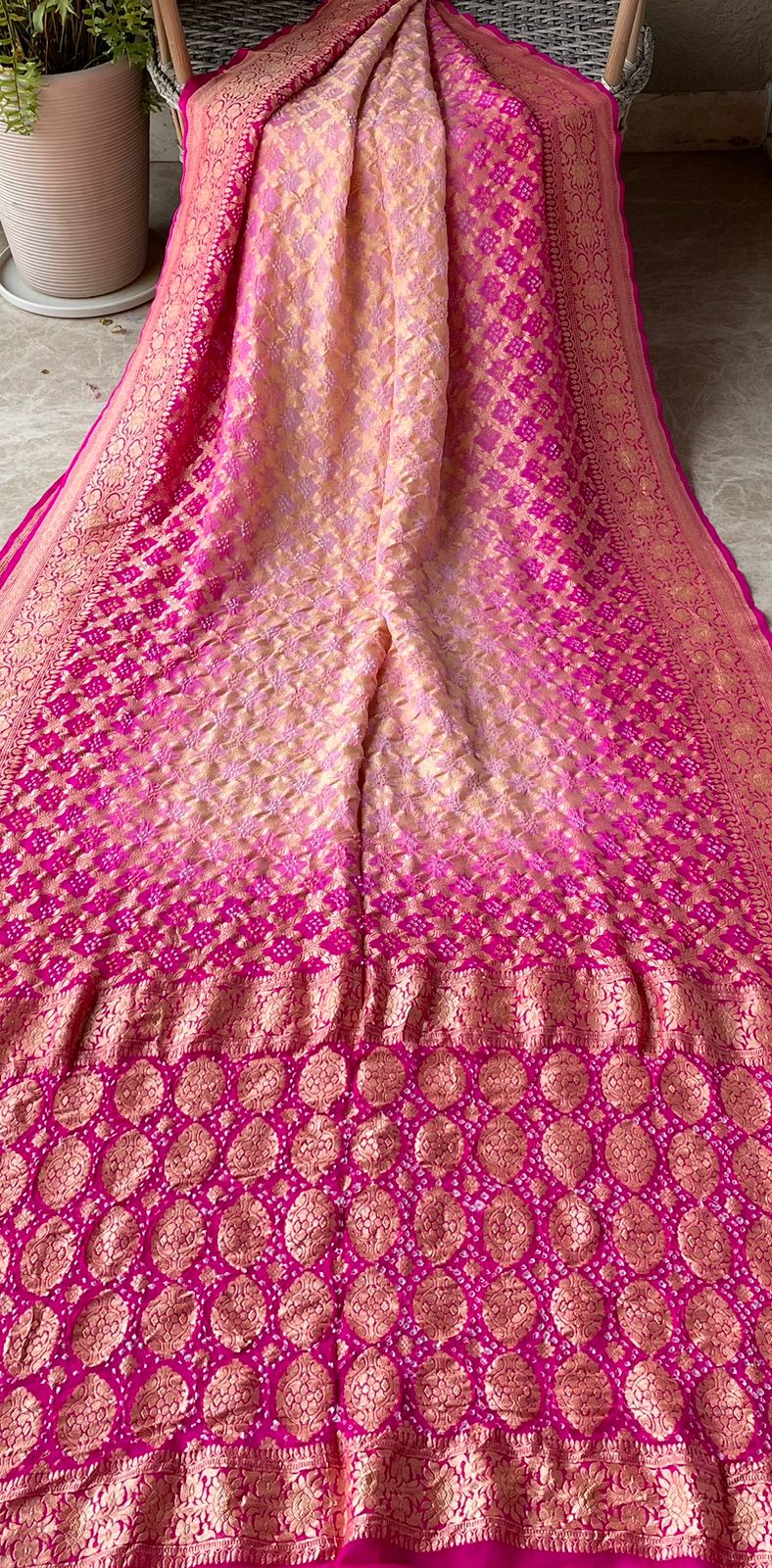 Divya - Pink & Peach Bandhani Banarasi Saree