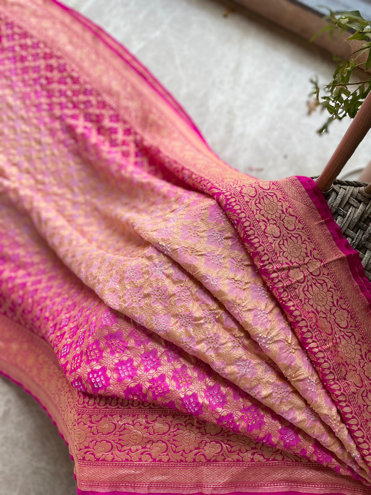 Divya - Pink & Peach Bandhani Banarasi Saree