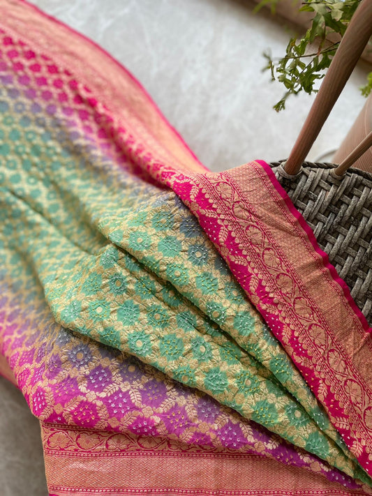 Aashvi - Rose Pink & Green Bandhani Banarasi Saree