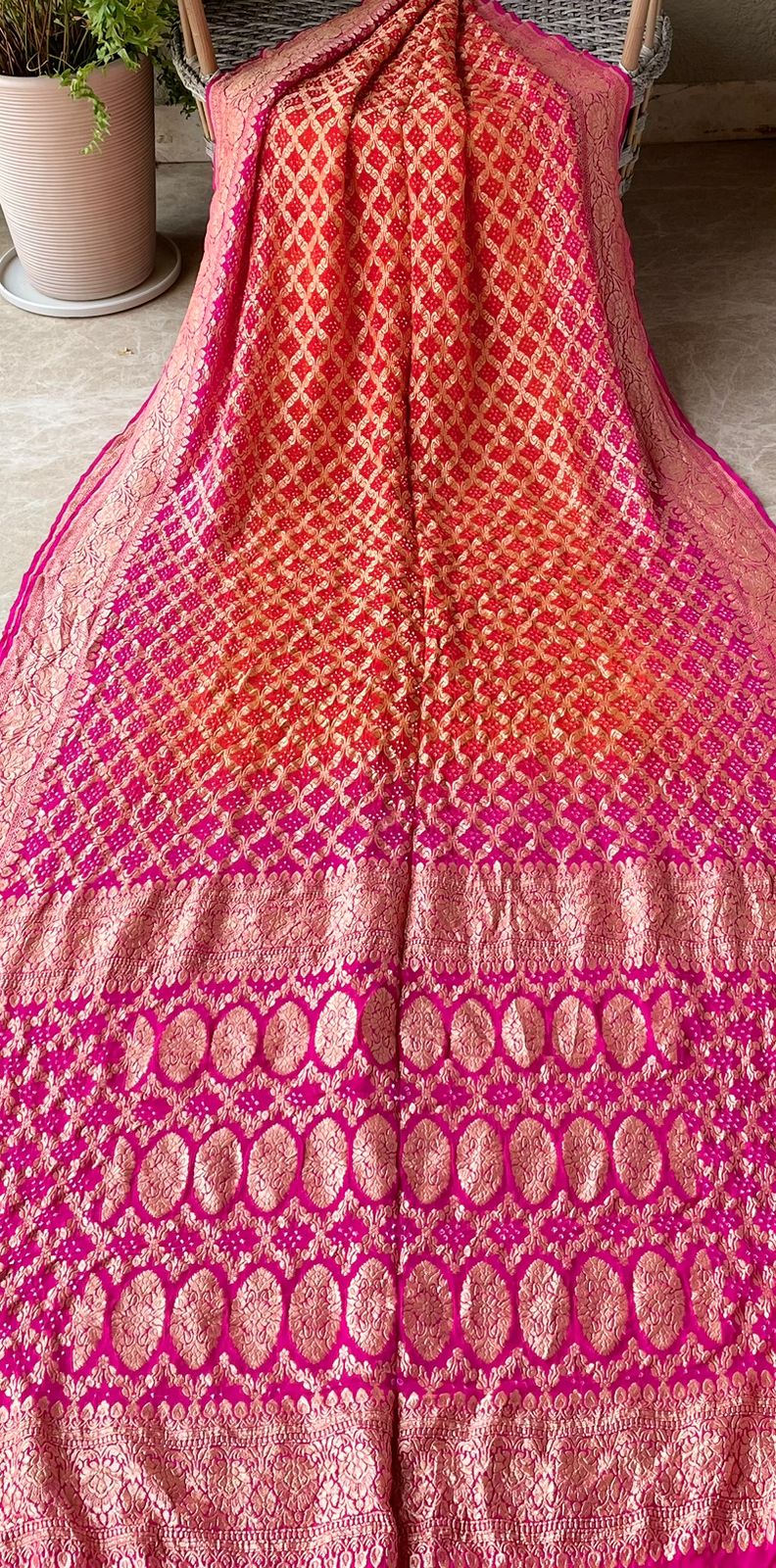 Nandita - Pink & Orange Bandhani Banarasi Saree