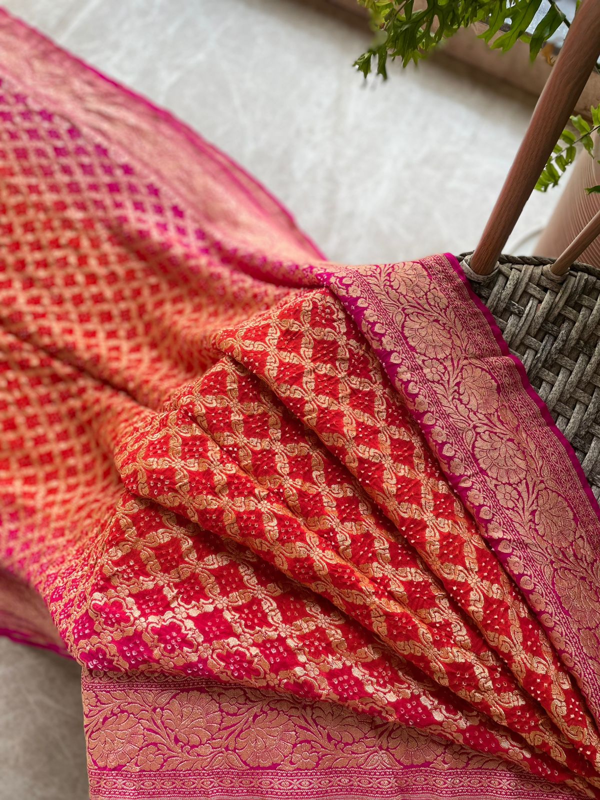 Nandita - Pink & Orange Bandhani Banarasi Saree