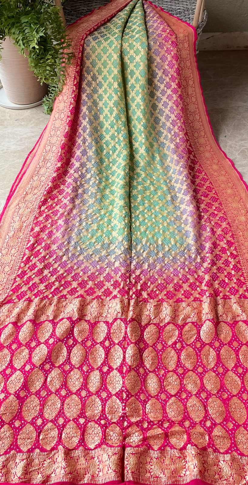 Twisha - Rose Pink & Green Bandhani Banarasi Saree
