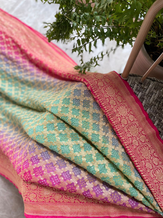 Twisha - Rose Pink & Green Bandhani Banarasi Saree