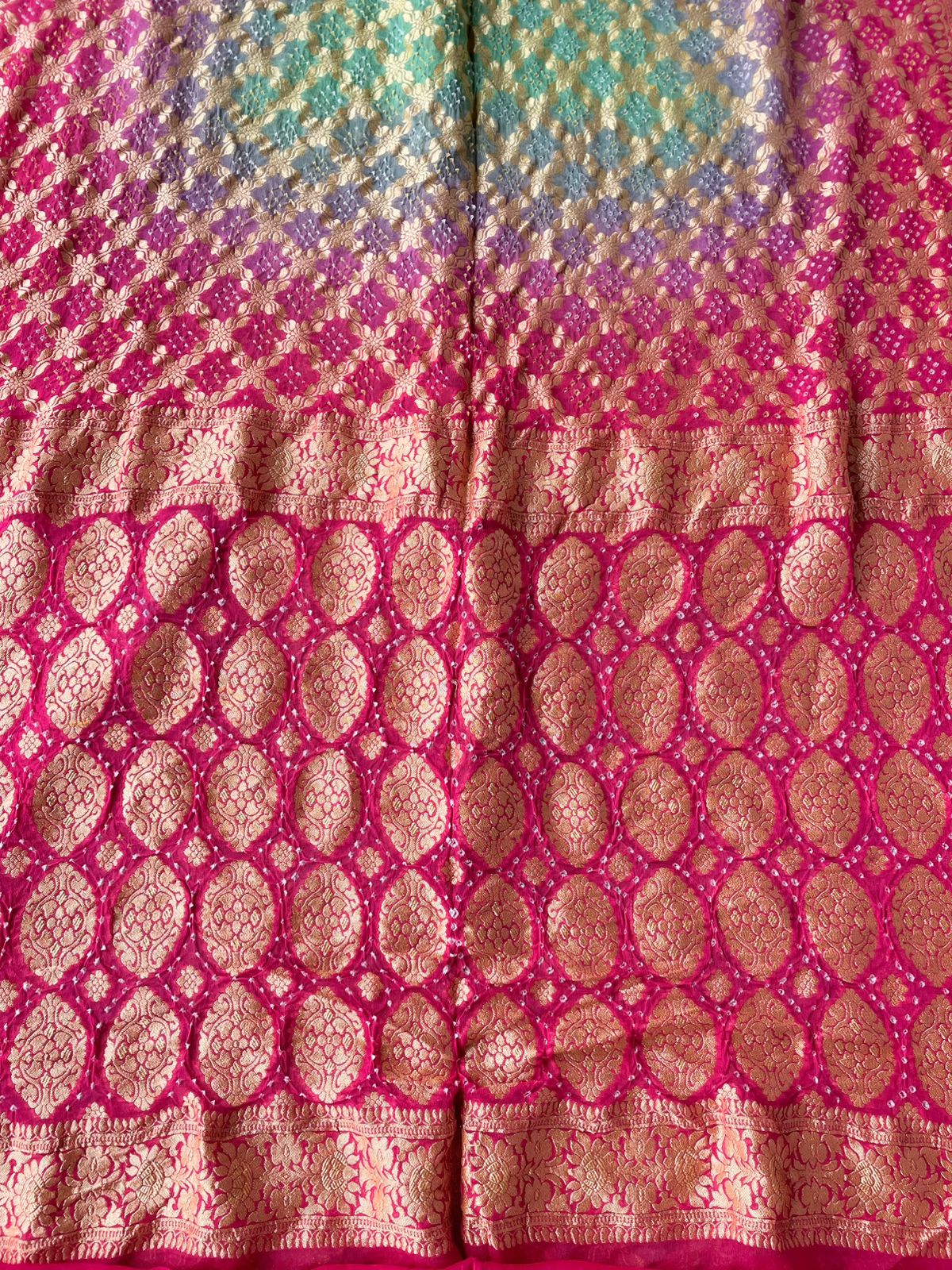 Twisha - Rose Pink & Green Bandhani Banarasi Saree
