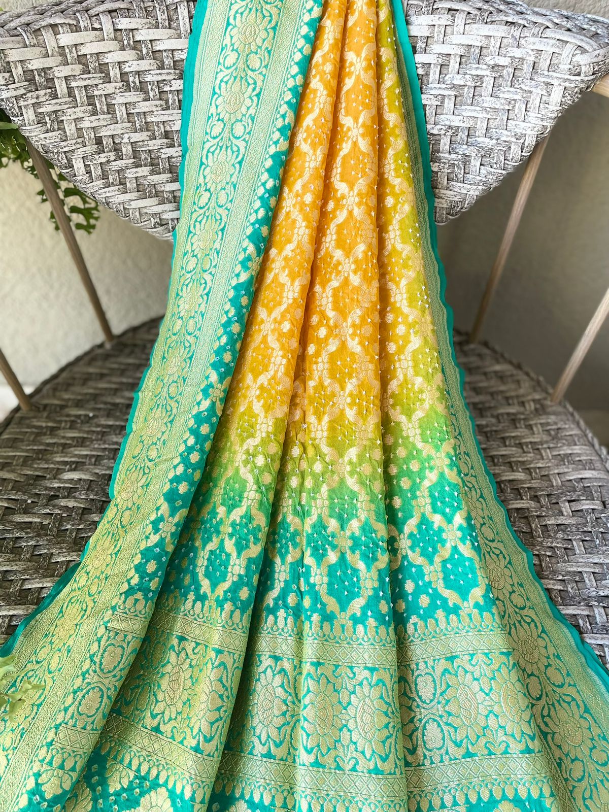 Mahi - Green & Yellow Bandhani Banarasi Dupatta