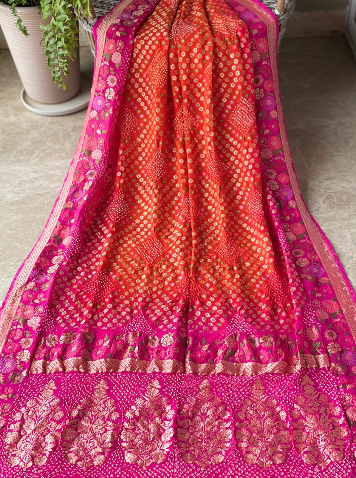 Yukti - Pink & Orange Tilfi Meenakari Bandhani Saree