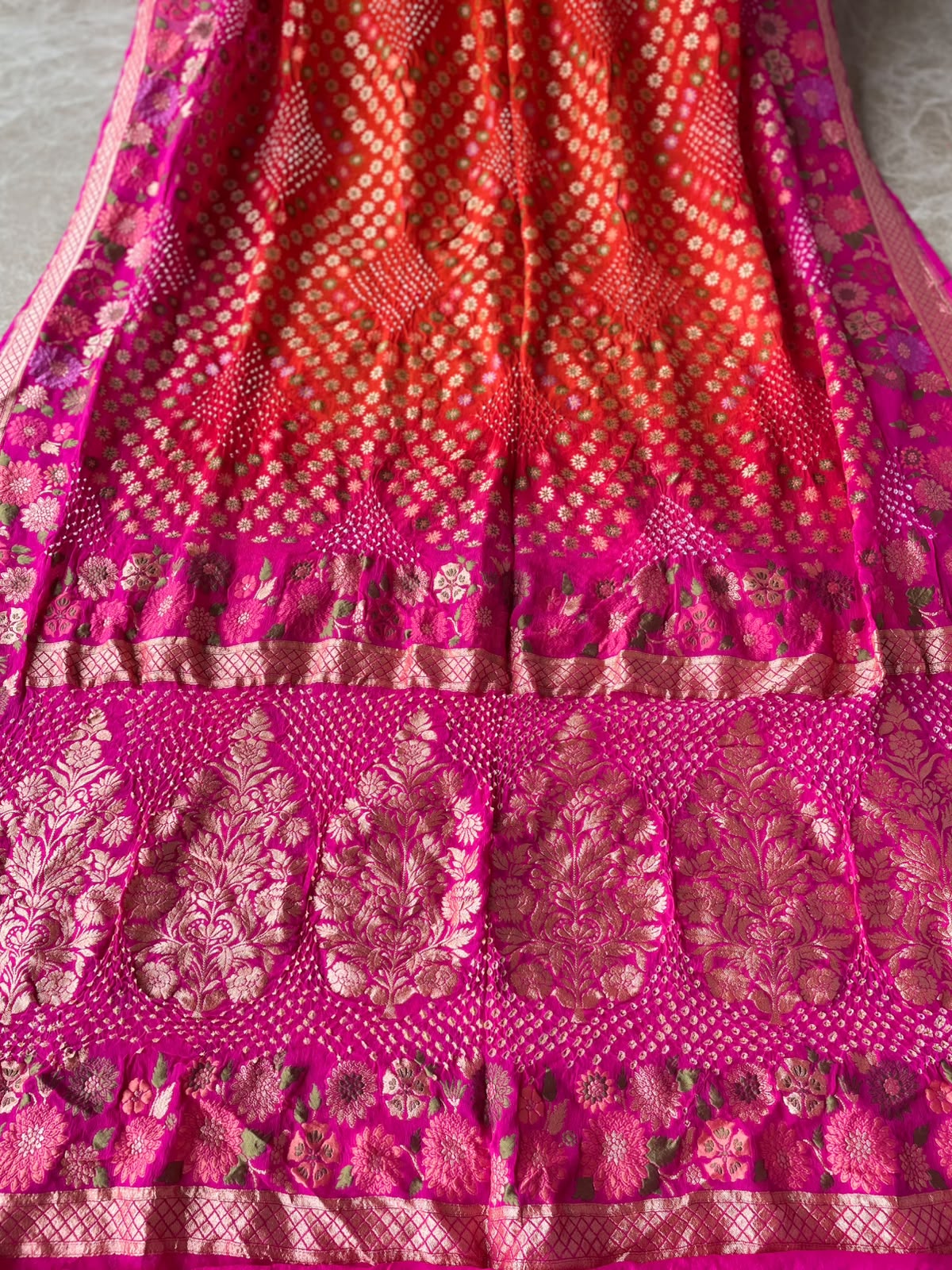 Yukti - Pink & Orange Tilfi Meenakari Bandhani Saree