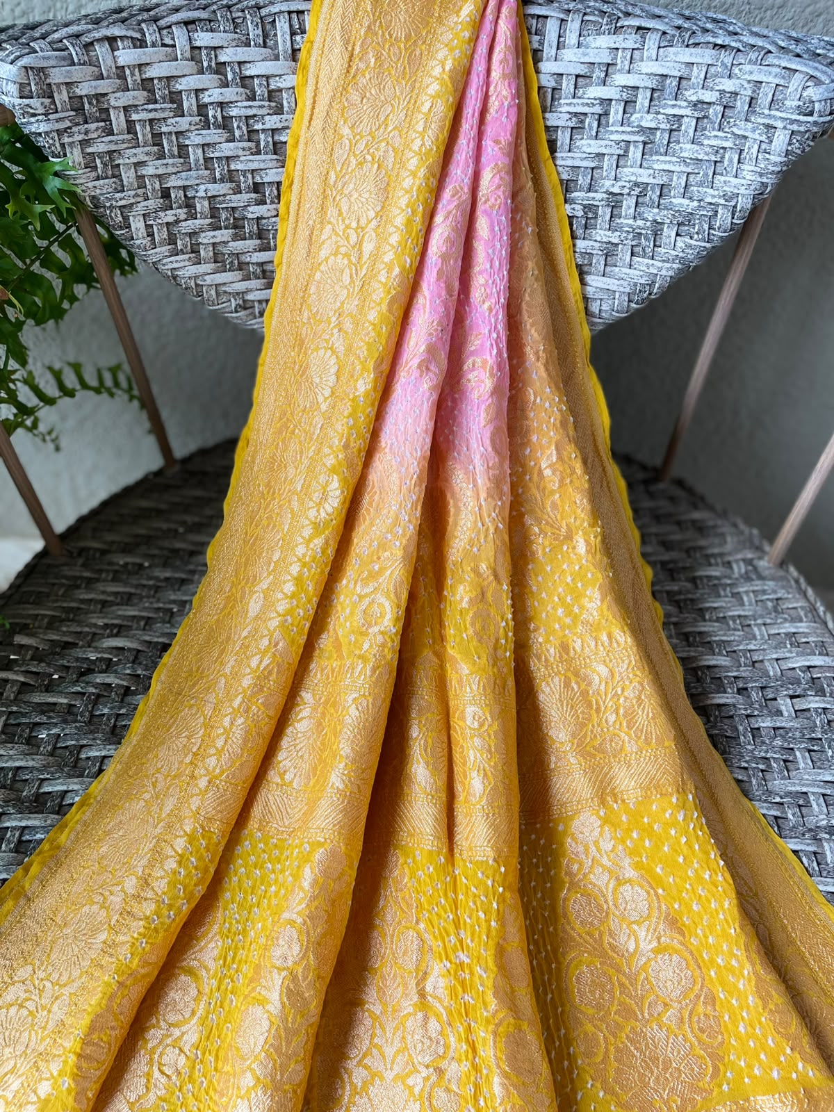 Nirvana - Yellow & Peach Bandhani Banarasi Dupatta