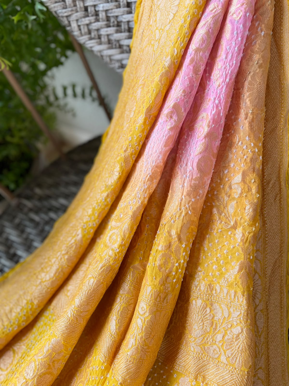 Nirvana - Yellow & Peach Bandhani Banarasi Dupatta
